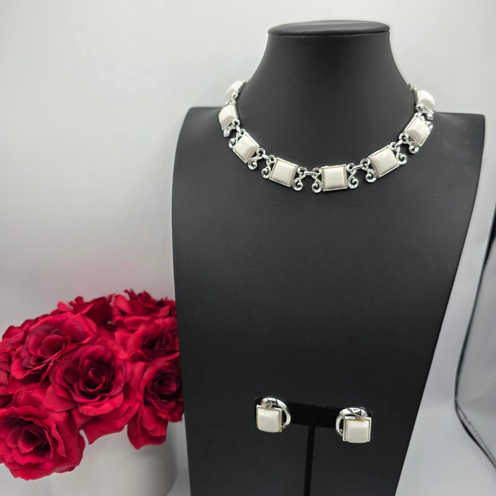 Vintage Charel Silver Tone White Thermoset Choker Necklace and Earring Set